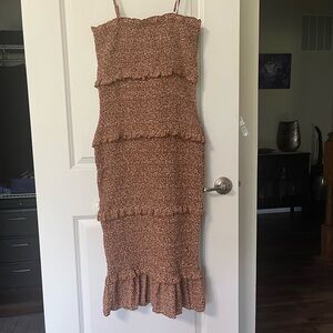 Brown Leaf Smocked Tiered Fitted Midi Dress